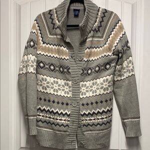 Nordic Pattern Gray and White Cardigan Sweater with V-Neck